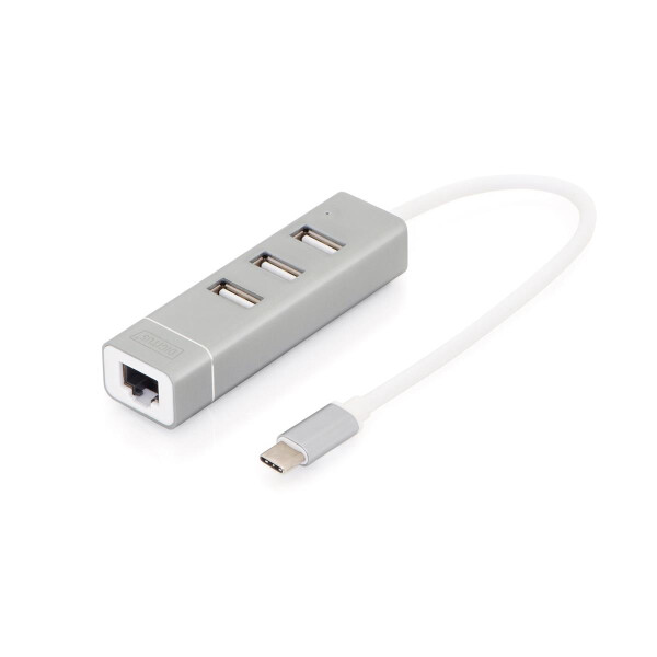 DIGITUS DA-70253 - USB 2.0 Type-C 3-Port HUB & Fast Ethernet LAN 3x USB A/F, 1x RJ45 Lan, Chipset: FE1.1S/RTL8152B