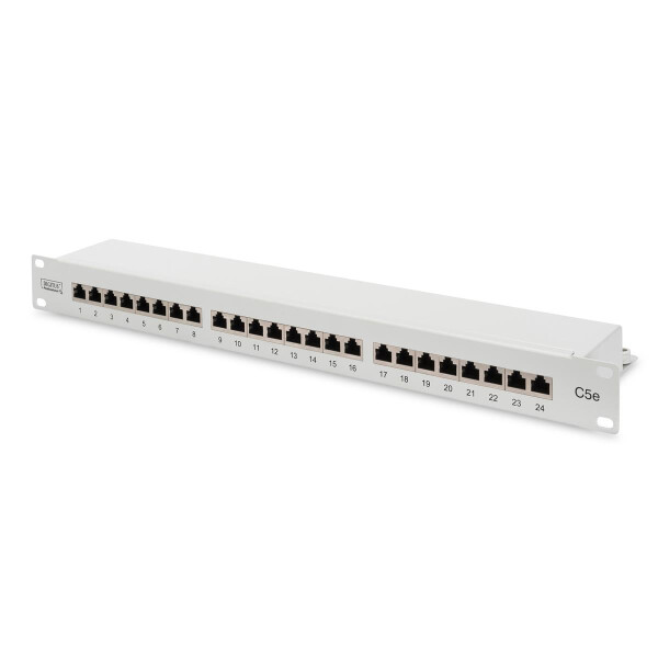 DIGITUS DN-91524S - CAT 5e, Klasse D Patch Panel, geschirmt, 24-Port RJ45, 8P8C, LSA, 1HE, Rack Mount, Grau, 482x44x109