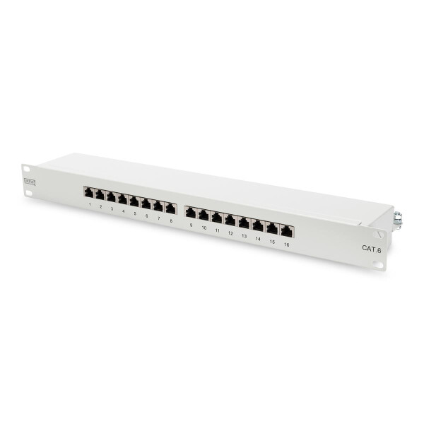 DIGITUS DN-91616S - CAT 6, Klasse E Patch Panel, geschirmt, 16-Port RJ45, 8P8C, LSA, 1HE, Rack Mount, grau, 482x44x109