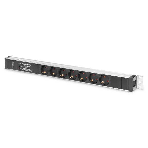 DIGITUS DN-95412 - Aluminium Steckdosenleiste, Überspannungsschutz und Netzfilter 230 Vac, 16A, Eingang: Schuko CEE7/7, Ausgang: 7x Schuko CEE7/3