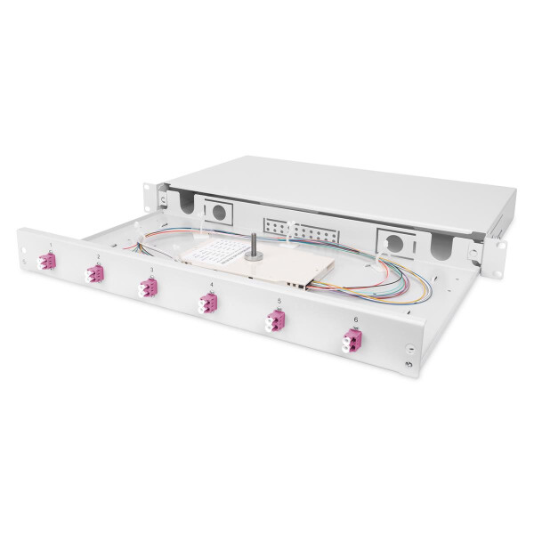 DIGITUS DN-96330-4 - LWL Spleißbox, 1HE, bestückt, 6x LC DX, OM4 inkl. Spleißkass., gefärbte Pigtails, Kupplungen