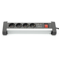 DIGITUS DA-70614 - 4-fach Office Steckdosenleiste mit 2x USB Ein/Aus Schalter, Alu-Gehäuse, USB: 5V/2A, sw/si