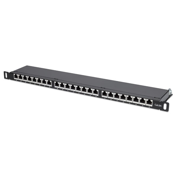 Intellinet 24-Port Cat6a Patchpanel - geschirmt - FTP - 19" - 0,5 HE - Klemmleisten mit 90 Grad abgewinkelten Kabeleinführungen - schwarz - IEEE 802.3,IEEE 802.3ab,IEEE 802.3u - 10/100/1000Base-T(X) - 1000 Mbit/s - Gold - Cat6a - 23/24/25/26