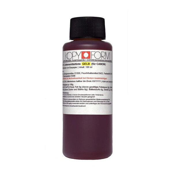 Lebensmittel Tinte 100 ml Flasche gelb yellow entwickelt für Canon-Drucker mit Tintentank oder zum Nachfüllen z.B.  Pixma G3501
