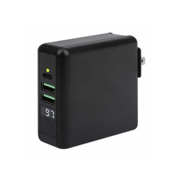 Manhattan 4-in-1 Reiseladegerät und Powerbank 8.000 mAh - Ein kabelloses 5 W-Induktionsladepad - zwei 12 W USB-A-Ports - ein USB-C-Port mit 12 W-Eingang / 15 W-Ausgang - auswechselbare Stecker für EU - UK & US - schwarz - 5 V - 3 A - Schwarz