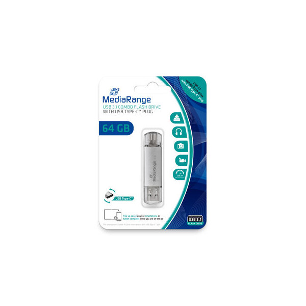 MEDIARANGE MR937 - 64 GB - USB Type-A / USB Type-C - 3.2 Gen 1 (3.1 Gen 1) - 70 MB/s - Kappe - Silber