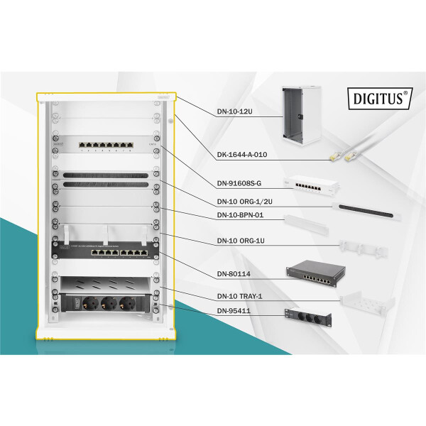 DIGITUS DN-10-SET-3 - 10 Zoll Netzwerk Set, inkl. 12HE Wandgehäuse, grau und diversen Komponenten