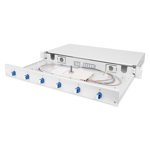 DIGITUS DN-96330/9 - LWL Spleißbox, 1HE, bestückt, 6x LC DX, OS2 inkl. Spleißkass., gefärbte Pigtails, Kupplungen