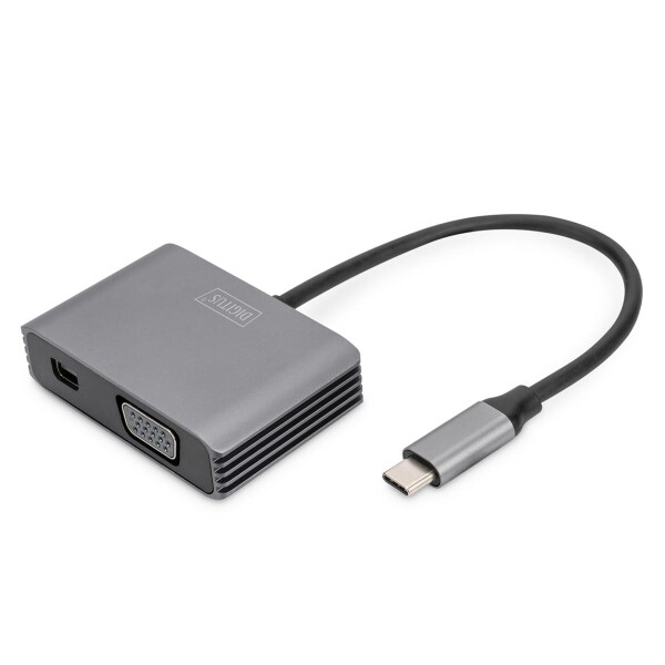 DIGITUS DA-70825 - USB-C - mini DP + VGA Adapter, 20 cm 4K/30Hz, Silber, Aluminium Gehäuse