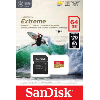 SanDisk Extreme microSDXC 64GB SD Adapter Action Cams and Drones 170MB/s 80MB/s A2 C10 V30 UHS-I U3