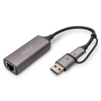DIGITUS USB Type-C Gigabit Ethernet Adapter 2.5G, USB-C + USB A (USB3.1/3.0)