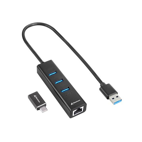 Sharkoon Shark 3-Port USB 3.2 Gen 1 Alu Hub+ RJ45 Ethernet Adapter bk