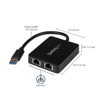 StarTech.com USB 3.0 auf Dual Port Gigabit Ethernet LAN Adapter mit USB-Port - Schwarz - Verkabelt - USB - Ethernet - 5000 Mbit/s - Schwarz
