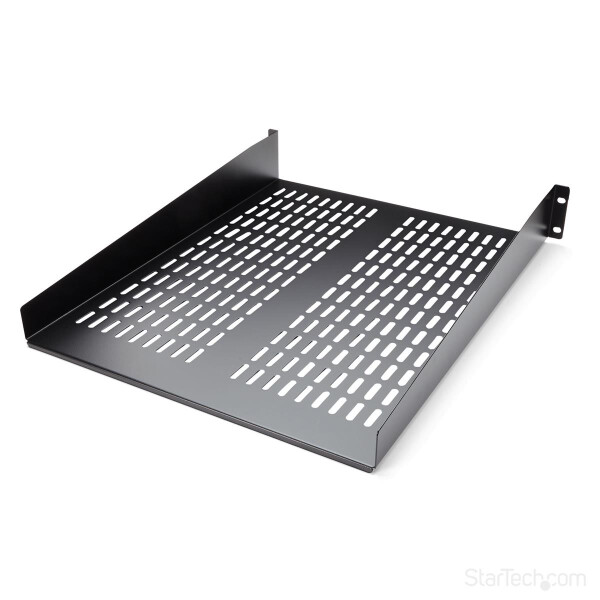 StarTech.com 2 HE Fest montierter Fachboden für Server Rack/ Schrank bis 22 Kg - 55 cm Tief - belüftet - Regalboden - Schwarz - Stahl - 22,6 kg - 2U - CE - TAA - REACH