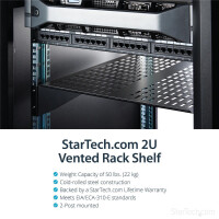 StarTech.com 2 HE Fest montierter Fachboden f&uuml;r Server Rack/ Schrank bis 22 Kg - 55 cm Tief - bel&uuml;ftet - Regalboden - Schwarz - Stahl - 22,6 kg - 2U - CE - TAA - REACH