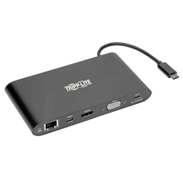 Tripp USB-C-Dual-Display-Dock, 4K HDMI, VGA, 4K Mini DP, Gbe, Kartenlesegerät, 3x USB-A-An