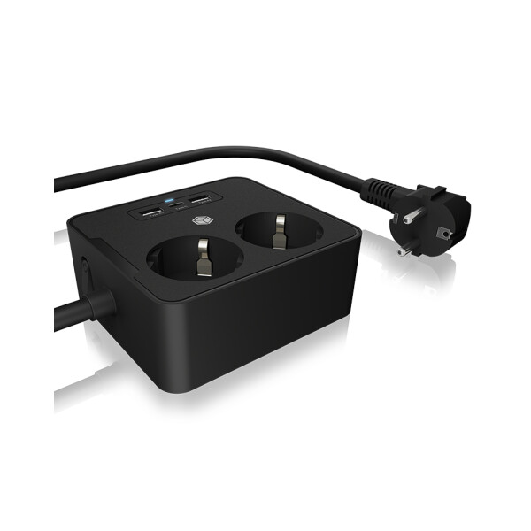 ICY BOX IB-MPS2220B-CH Doppelsteckdose mit USB Ladegeraet fuer Tisch oder Wandmontage