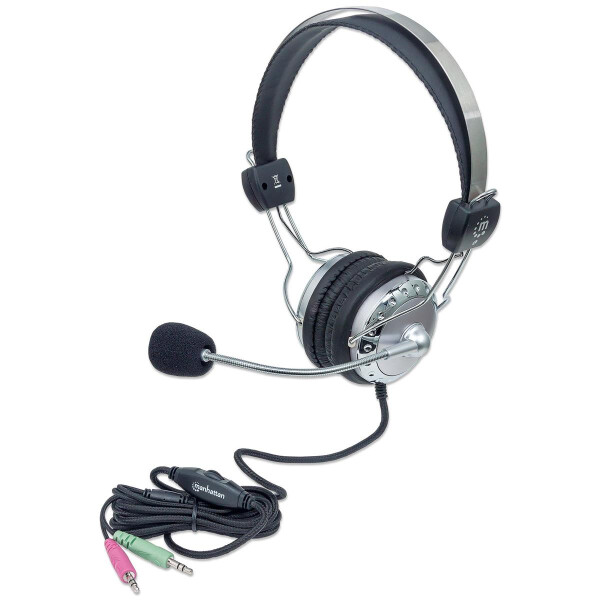 Manhattan Stereoheadset - Verstellbarer Kopfbügel und flexibles Mikrofon - Kopfhörer - Kopfband - Anrufe & Musik - Grau - Binaural - Drehregler