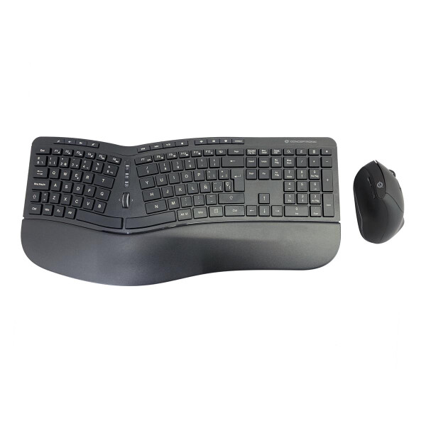 Conceptronic ORAZIO ERGO Kabelloses Set aus ergonomischer Tastatur und vertikaler Maus - spanisch - Volle Größe (100%) - RF Wireless - QWERTY - Schwarz - Maus enthalten