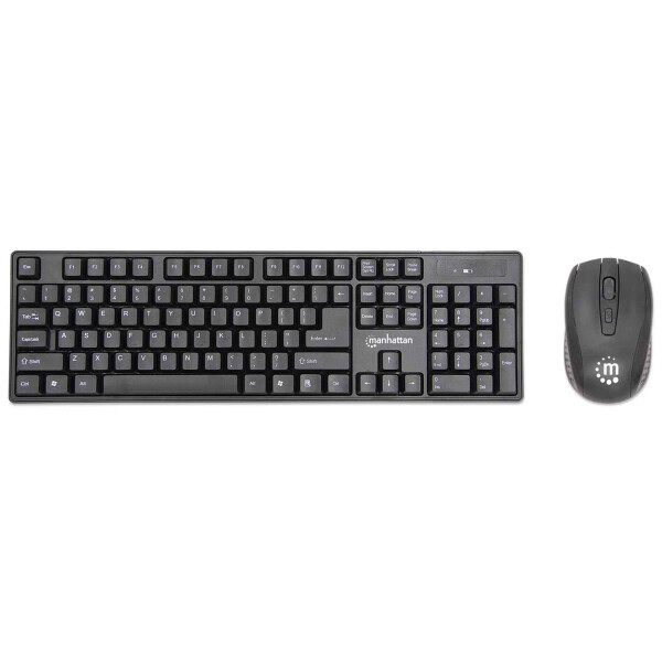 Manhattan Wireless Desktop Set mit Funktastatur und Funkmaus - Ein einzelner 2,4 GHz USB-Funkempfänger zur Verbindung von beiden Geräten - schwarz - Volle Größe (100%) - RF Wireless - QWERTY - Schwarz - Maus enthalten