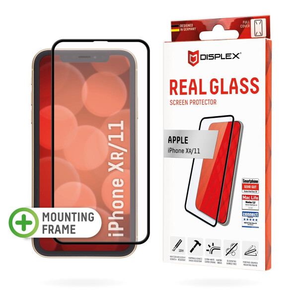 E.V.I. Displex Full Cover Panzerglas (10H) für Apple iPhone XR/11, Eco-Montagerahmen, voll