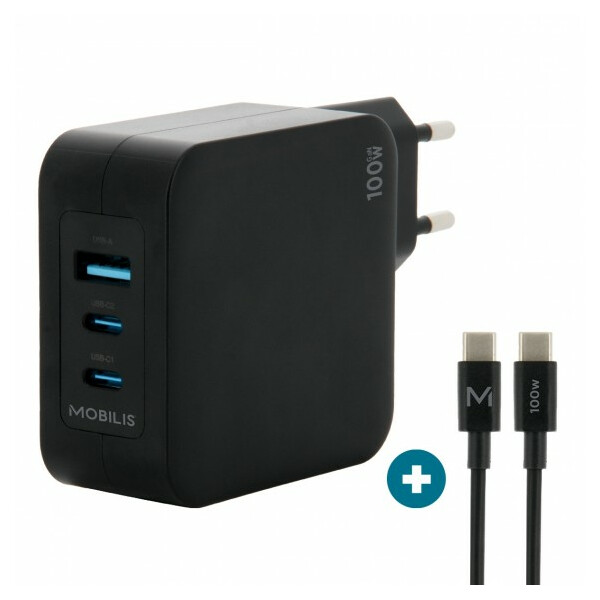 Mobilis Charger 100W 2USB C 1USBA GaN cable 100W