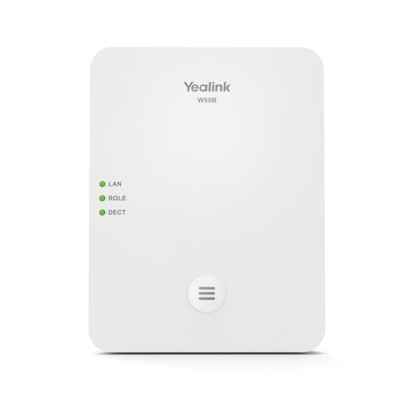 Yealink W80B - 1,8 - 1,9 GHz - 300 m - SNTP/NTP - VLAN - SIP v1 - SIP v2 - UDP/TCP/TLS - DHCP - HTTPS - SHA-256 - SRTP - SSL/TLS - AJB - CNG - G.726 - G.729 - PLC - VAD - iLBC - Yealink W53H/W56H