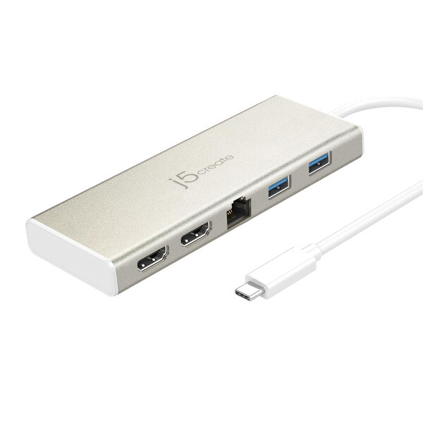 j5create JCD381-N USB Type-C™ Dual HDMI Mini Dock-Ethernet/ USB 3.1 HUB / PD2.0 - USB 3.2 Gen 1 (3.1 Gen 1) Type-C - HDMI - PS/2 - USB 3.2 Gen 1 (3.1 Gen 1) Type-A - 5000 Mbit/s - 3840 x 2160 Pixel - Beige - Weiß - Aluminium