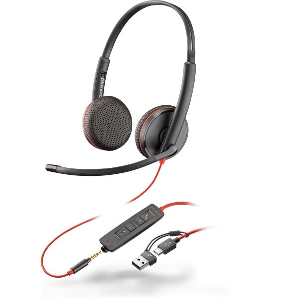 HP POLY Blackwire 3225 USB-C Stereo-Headset + 3.5-mm-Stecker + USB-C/A-Adapter, Kabelgebunden, Büro/Callcenter, 200 - 6800 Hz, 119 g, Kopfhörer, Schwarz