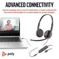 HP POLY Blackwire 3225 USB-C Stereo-Headset + 3.5-mm-Stecker + USB-C/A-Adapter, Kabelgebunden, Büro/Callcenter, 200 - 6800 Hz, 119 g, Kopfhörer, Schwarz