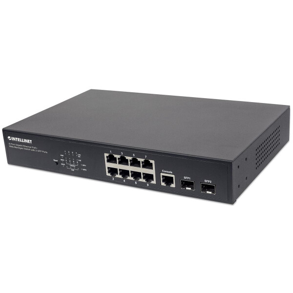 Intellinet 8-Port Gigabit Ethernet PoE+ Web-Managed Switch mit 2 SFP-Ports, 8 x PoE-Ports, IEEE 802.3at/af Power over Ethernet (PoE+/PoE), 140 W, Endspan, Desktop, PDM-Funktion, 19" Rackmount, Managed, Gigabit Ethernet (10/100/1000), Power over Ethernet (