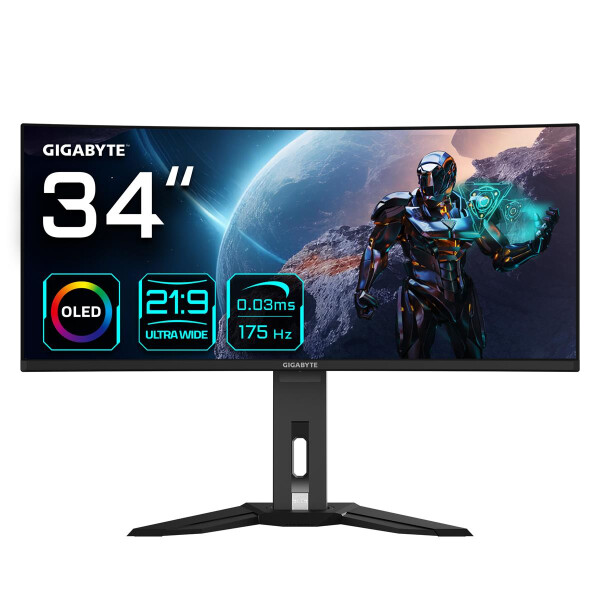 Gigabyte MO34WQC 34” OLED WQHD Curved Gaming Monitor - 3440x1440(WQHD), 175Hz, 0.03ms, KVM, 250 cd/m², FreeSync Premium Pro, DisplayHDR True Black 400, HDMI 2.1, 86,4 cm (34"), 3440 x 1440 Pixel, Wide Quad HD, OLED, 0,03 ms, Schwarz