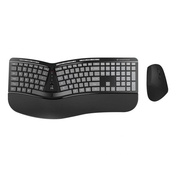 Conceptronic ERGO Kabelloses Set aus ergonomischer Tastatur und vertikaler Maus, englisch, Volle Größe (100%), Kabellos, RF Wireless, QWERTY, Schwarz, Maus enthalten