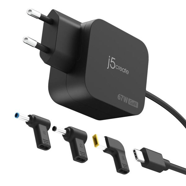 j5create JUP1565DCE3A-EN GaN-PD-USB-C®-Mini-Ladegerät mit 67 Watt und 3 EU-konformen DC-Steckverbindertypen, Ladegerät, Universal, 100 - 240V, 60 Hz, 67 W, USB-C® cable: 5V, 9V, 12V, 15V, 20V, 20.3V