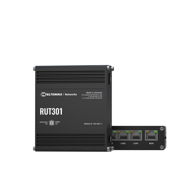 Teltonika RUT301 (EU) ethernet router, Router für Mobilfunknetz, Schwarz, Aluminium, Industriell, LAN, Leistung, Status, WAN, Schnelles Ethernet