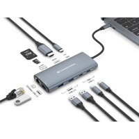 Conceptronic DONN06G 10-in-1 USB 3.2 Gen 1 Dockingstation, HDMI, 100W USB PD, USB-C 5Gbps x 2, USB-A 5Gbps x 3, SD, TF/MicroSD, GbE, Kabelgebunden, USB 3.2 Gen 1 (3.1 Gen 1) Type-C, 100 W, 10,100,1000 Mbit/s, Grau, MicroSD (TransFlash), MicroSDHC, MicroSD