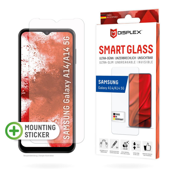 DISPLEX Smart Glass (9H) für Samsung Galaxy A14 5G, Montagesticker, unzerbrechlich, ultra-dünn, unsichtbar, Samsung, Galaxy A14 5G, Trockene Anwendung, Schlagfest, Kratzresistent, Staubresistent, Transparent, 1 Stück(e)