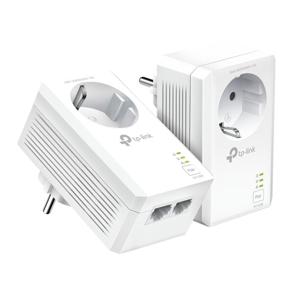 TP-LINK AV1000 2-Port Gigabit Powerline Adapter mit Steckdose, 1000 Mbit/s, IEEE 1901, IEEE 802.3, IEEE 802.3u, Type E/F, Gigabit Ethernet, 10,100,1000 Mbit/s, HomePlug AV2