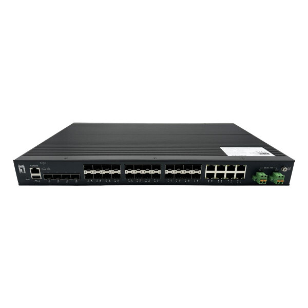 LevelOne 28-Port Managed Gigabit Industrial Glasfaser Switch der L2-Plus-Klasse mit 16 SFP-Anschlüssen für 1 Gigabit/s, Ist kompatibel mit 8 x Gigabit SFP/RJ45 Combo und 4 x 1/2.5GbE SFP, Redundantes Netzteil, -40°C bis 80°C, Managed, L2+, Rack-Einbau