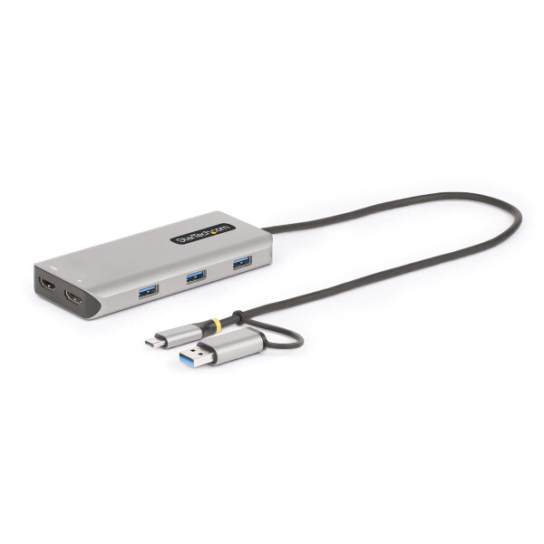 StarTech.com USB-C Multiport Adapter mit USB-C zu USB-A Dongle, USB C Docking Station 2x HDMI (4K30Hz/1080p60Hz), 3x USB-A 5Gbps, Mini Dock, Laptop Dockingstation, 40cm Kabel, Kabelgebunden, USB 3.2 Gen 1 (3.1 Gen 1) Type-C, Silber, 5 Gbit/s, 4K Ultra HD,