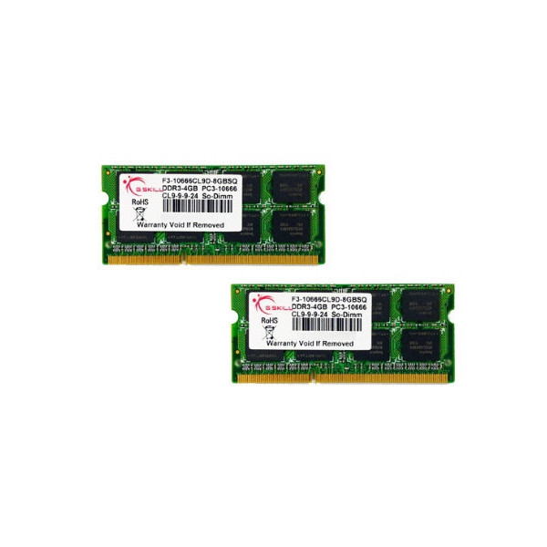G.Skill 8GB DDR3-1333 SQ, 8 GB, 2 x 4 GB, DDR3, 1333 MHz, 204-pin SO-DIMM