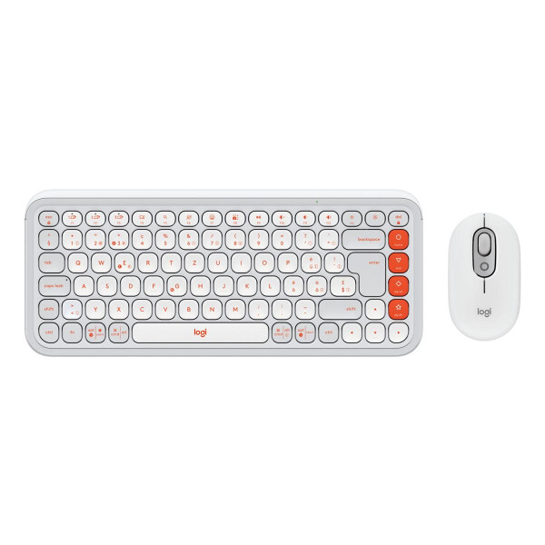 Logitech POP Icon Combo, Kabellos, Bluetooth, Scherenschalter, QWERTZ, Orange, Weiß, Maus enthalten