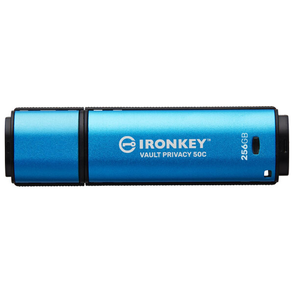 Kingston IronKey 256GB USB-C Vault Privacy 50C AES-256 verschlüsselter, FIPS 197, 256 GB, USB Typ-C, 3.2 Gen 1 (3.1 Gen 1), 230 MB/s, Kappe, Schwarz, Blau