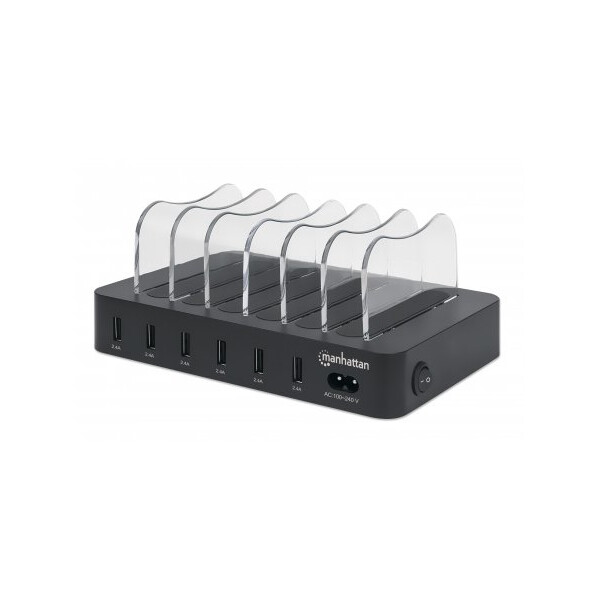 Manhattan 6-Port USB-Ladestation, Sechs USB-A-Ports, bis zu 2,4 A/5 V pro Port, 50 W Ausgangsleistung gesamt, schwarz, Schwarz, CE FCC RoHS WEEE ETL, 100 - 240 V, 1 A, 155 mm, 125 mm