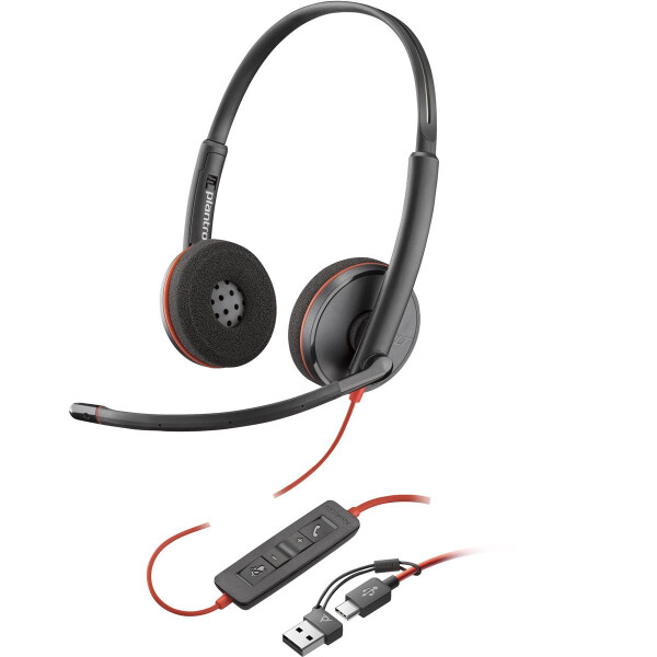 HP POLY Blackwire 3220 USB-C Stereo-Headset + USB-C/A-Adapter, Kabelgebunden, Büro/Callcenter, 64 g, Kopfhörer, Schwarz