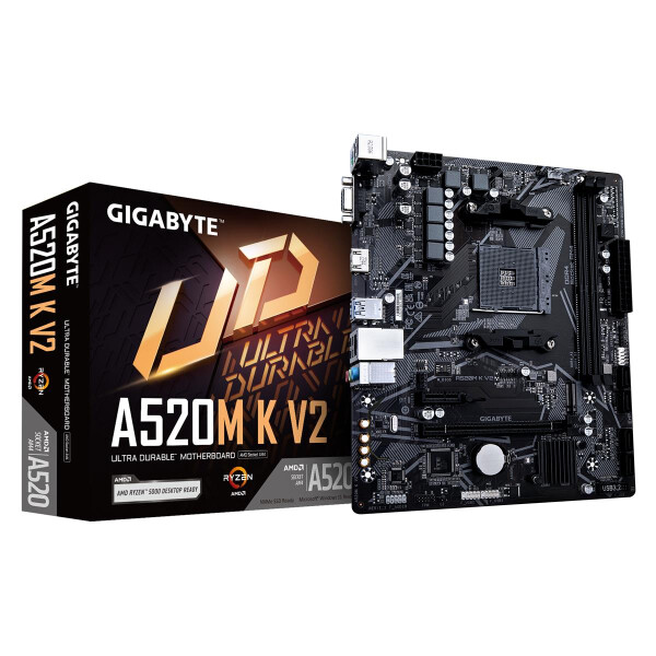 Gigabyte A520M K V2 Mainboard - Unterstützt AMD Ryzen 5000 Serie AM4 CPUs, bis zu 5100MHz DDR4 (OC), PCIe Gen3 x4 M.2, GbE LAN, USB 3.2 Gen 1, AMD, Sockel AM4, AMD Ryzen 3000 Series, AMD Ryzen 5000 Series, Sockel AM4, DDR4-SDRAM, 64 GB