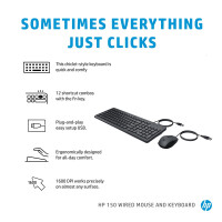 HP 150 Maus und Tastatur (kabelgebunden), Volle Größe (100%), USB, Membran Key Switch, Schwarz, Maus enthalten