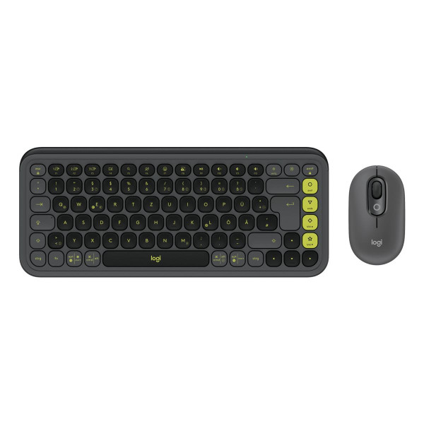 Logitech POP Icon Combo, Kabellos, Bluetooth, Scherenschalter, QWERTZ, Graphit, Grün, Maus enthalten