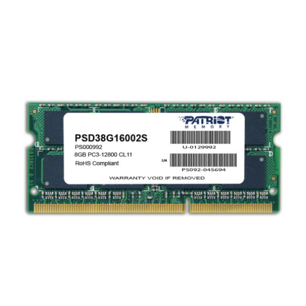PATRIOT Memory 8GB PC3-12800, 8 GB, 1 x 8 GB, DDR3, 1600 MHz, 204-pin SO-DIMM
