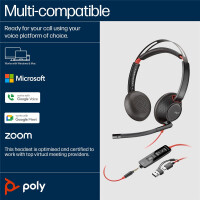 HP POLY Blackwire 5220 USB-C Stereo-Headset + 3.5-mm-Stecker + USB-C/A-Adapter, Kabelgebunden, 20 - 20000 Hz, Anrufe/Musik, Kopfhörer, Schwarz, Rot